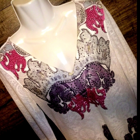 One World Top Size M Waffle Rhinestone Paisley NEW - Picture 7 of 16